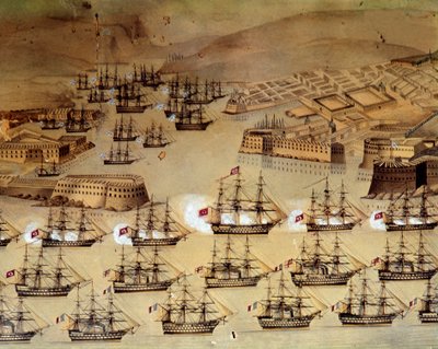 Krimkrigen (1853-1856) mellom Russland og det osmanske riket: franskmennene og britene allierte seg med tyrkerne for å beleire den russiske havnen Sebastopol fra 17. oktober 1854 til 8. september 1855. Istanbul, Sjøfartsmuseet av Unknown artist