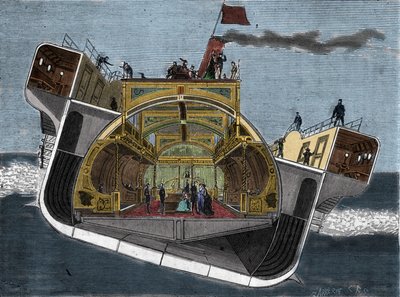 Tverrsnitt av en båt designet mot sjøsyke av Henry Bessemer (1813-1898). Gravering 1800-tallet. av Unknown artist