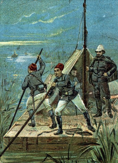 Crossing the marshes of Bahr el Ghazal in Africa by the Marchand mission in 1899. Liebig chromolithography of the 19th century av Unknown artist