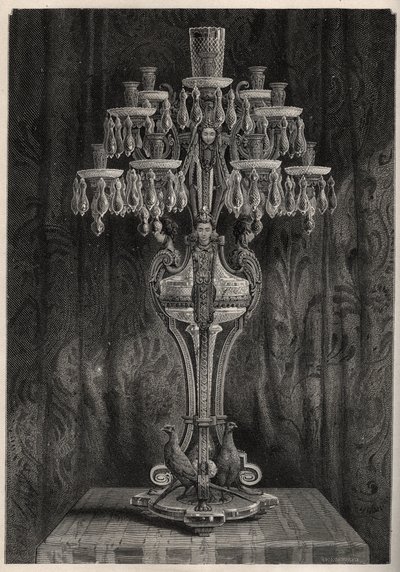 Krystallkandelaver fra Baccarat-fabrikken - - gravering i 'Les Merveilles de l'Industrie' av Louis Figuier av Unknown artist