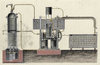 Kutte industriapparatet til Ferdinand Carre (1824-1894) for å lage is. Gravering av 1800-tallet av Unknown artist
