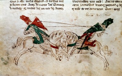 Cycle of King Arthur: "" Battle of Lancelot and Tristan"" Miniatyr hentet fra "" Romanen av Meliadus de Leonnoys: sammen flere andre edle bragder av ridderfaikter av kong Arthur, Palamedes og Galliot de Pre"" av Rustichello (Rustician, Rusticiano) o av Unknown artist