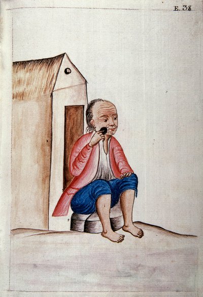 Daglig liv og skikker i Peru: "" Indisk barberer skjegget på dørstokken "" Akvarell hentet fra boken "" Trujillo del Peru "" av Baltasar Martinez Companon y Bajanda, biskop av Trujillo (1782-1785). Madrid fra 1700-tallet. Biblioteca del Palacio Real av Unknown artist