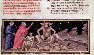 Dante og Virgil møter Ciacco og Cerbere med det fråtsende (sang 9 fra Hell, in the Divine Comedya) - miniatyr av Unknown artist