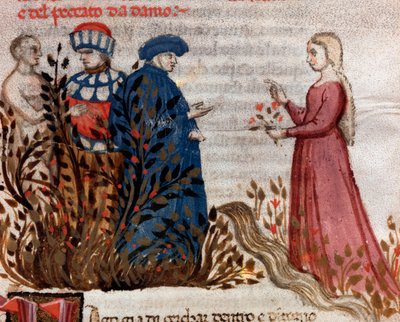 Dante møter Matelda (sang 28 fra Purgatory, i Divine Comedy) - miniatyr av Unknown artist