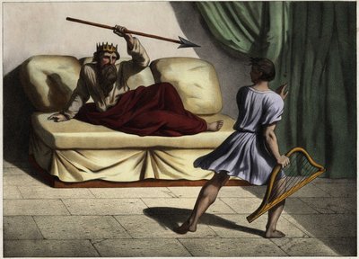 David spilte citar foran kong Saul for å blidgjøre ham. Anonym gravering fra midten av 1800-tallet. av Unknown artist