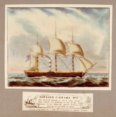 Dawsons diorama nr. 4. Den britiske dronningen, et førsteklasses dampskip, som forvandles til Hennes Majestet Dronning Victoria iført sin statskappe når det holdes opp mot lyset, ca. 1838 (litografi, fargelagt) av Unknown artist