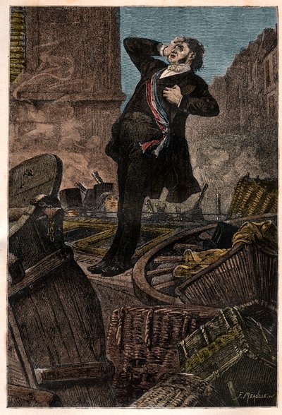 Alphonse Baudins død (1811-1851) på barrikaden til Faubourg Saint Antoine den 3/12/1851 under statskuppet til Louis Napoleon III (Louis-Napoleon Bonaparte) - gravering i "Histoire d'un crime" ( The History of a Crime) - av Victor Hugo - Premi av Unknown artist