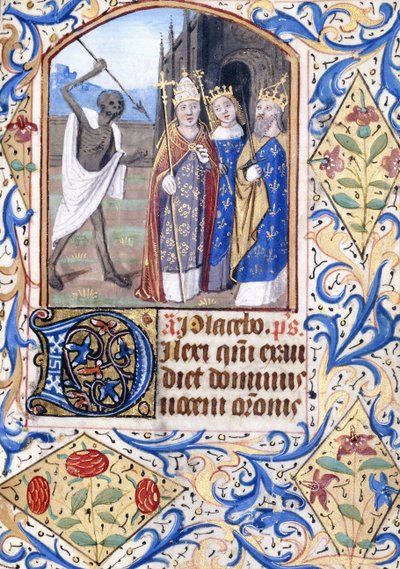 Døden med sitt spyd peker på tre skikkelser, en pave, en konge, en konge og en dronning, stående foran en gotisk kirke, ca. 1470 av Unknown artist