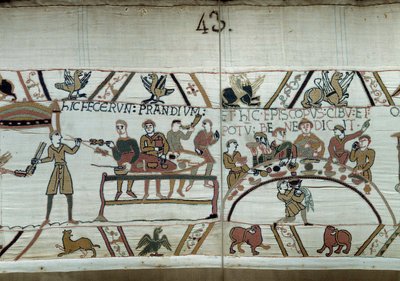 Debarques i England, armene til Vilhelm Erobreren (1027-1087) lager en fest mens de venter på å kjempe mot de saksiske våpnene til Harold II. Guillaume er omgitt av baroner og Eveque Odon-detaljen til Bayeux-teppet eller broderi av dronning Mathilde av Unknown artist