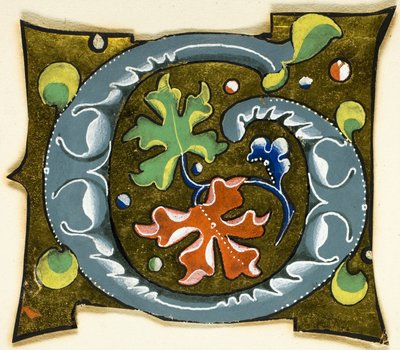 Dekorert initial «G» i grått med røde, grønne og blå blader fra et manuskript av Unknown artist