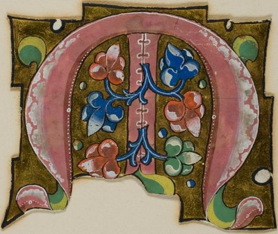 Dekorert initial «M» i rosa med konvensjonelle blader fra en korbok av Unknown artist