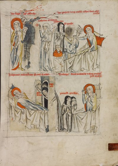 Demoner som pisking av Sankt Hedvig og Sankt Hedvig ber om ekstrem salvelse; Sankt Hedvig krever bot fra to nonner som kom inn på sykerommet hennes av Unknown artist