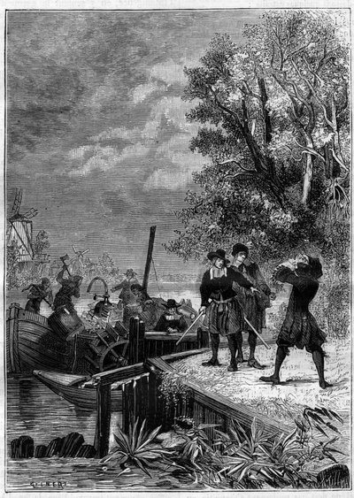 Denis Papin (1647-1712) physicist, mathematician and French inventor, looks at his boat equipped with his new invention, a steam machine system still unknown, destroyed by boatmen to sell some pieces. Engraving in “” La Nature”” av Unknown artist