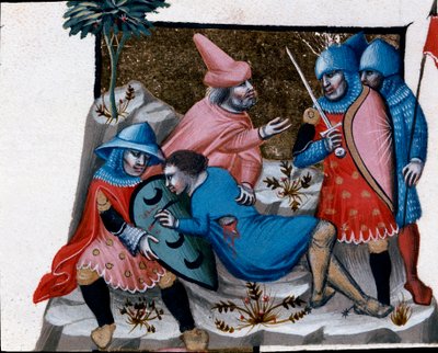 Oppsigelse av en blodforbrytelse Miniatyr hentet fra Justinian Code (Codex Justinianus), en samling lover og institusjoner utgitt under den romerske keiseren Justinian I av Byzantium (483-565) av Unknown artist