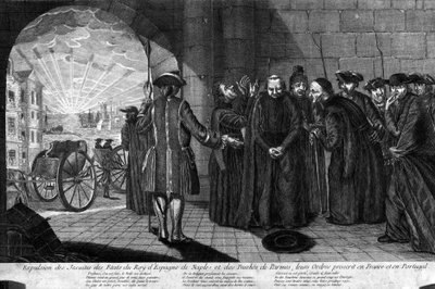 Deportasjon av jesuitene 21.07.1773: Utvisning av jesuiter fra statene til kongen av Spania, Napoli og hertugdømmet Parma, deres ordrer forbudt i Frankrike og Portugal. Gravering fra begynnelsen av 1800-tallet av Unknown artist