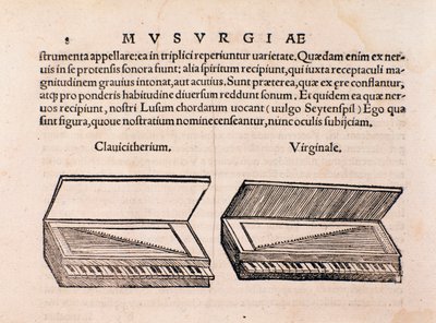 Beskrivelse av cembalo og spinett. Side fra Musurgia eller utøvelse av musikk av Unknown artist