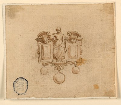 Design for Brosje with Woman in Broken Pedimet av Unknown artist