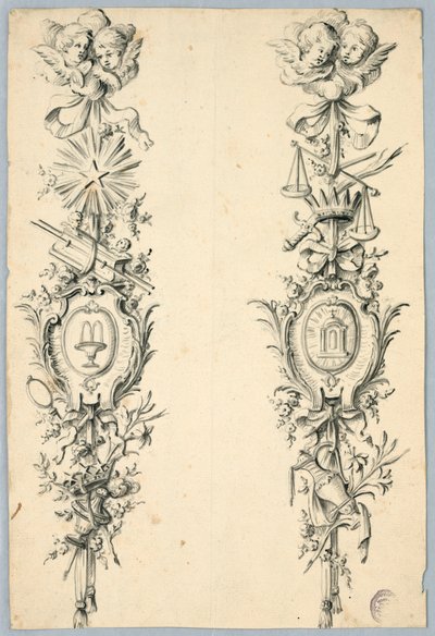 Design for to trofeer som refererer til jomfruen av Unknown artist