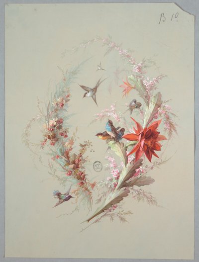 Design for tapet og tekstil: Blomster og fugler av Unknown artist