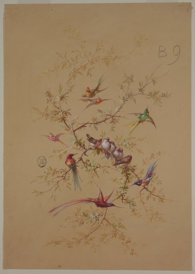 Design for tapet og tekstil: Blomster og fugler av Unknown artist