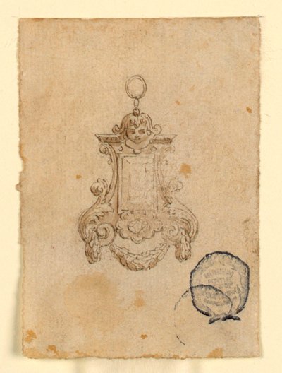 Design for et anheng med bladvolutter og barnehode av Unknown artist