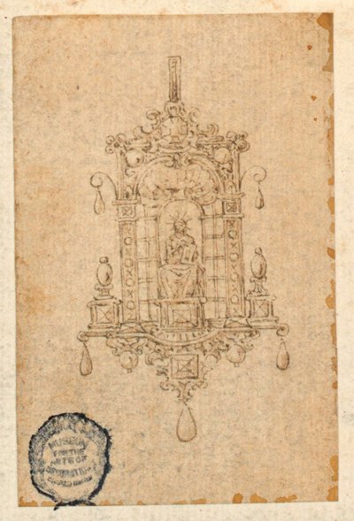 Design for et anheng med sittende kvinne med bok av Unknown artist