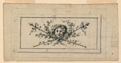 Design for et panel med et hode foran to kryssede thyrsi av Unknown artist