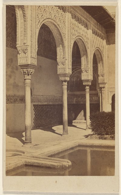 [Detalj av søyler, med deler av reflekterende basseng synlig, Alhambra] av Unknown artist