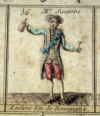 Detalj av spillet til Goose of the Cree of Paris: Mr Sacavin, vindrikker fra Bourgogne. Gravering fra 1700-tallet. Coll. Gå. av Unknown artist