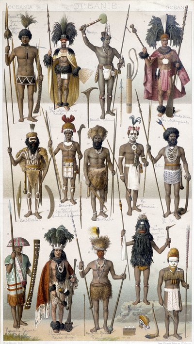 Ulike kostymer til Warriors of Oceania. av Unknown artist
