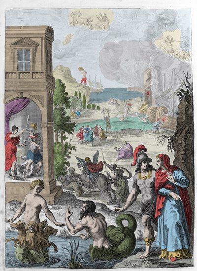 Ulike metamorfoser, i forgrunnen Scylla og havguden Glaucos forelsket i henne, i bakgrunnen avviser den hengte Iphis av Anaxarete. Illustrasjon hentet fra bok XIV av "" Metamorphoses"" (Metamorfosi) av Ovide (43 f.Kr.-17 e.Kr.). Gravering 1 av Unknown artist