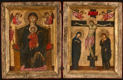 Diptych av Jomfru Maria og barnet på tronen og korsfestelsen av Unknown artist