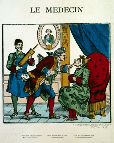 Doktorscene som representerer en lege som undersøker en pasient, assistenten bak ham holder en clystere. Gravering av Paris fra 1800-tallet, B.N. av Unknown artist
