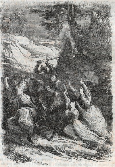 Doralice og Isabelle vil skille Mandricard og Zerbin - gravering av 1851 fra "" Roland furieux"" av Unknown artist