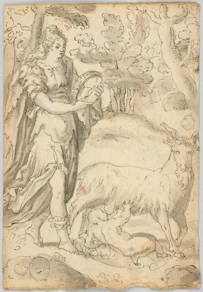Tegning: A) Rhea og spedbarnet Jupiter. B) St. Frans av Assisi av Unknown artist