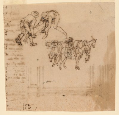 Tegning: A) To menn som bærer en koffert; fire muldyr med en driver. B) Prosjekt for en ramme av Unknown artist
