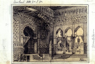 Tegning for dekoren av scene 3 i akt II av operaen «I Lombardi» eller «The Lombards at the First Crusade» komponert av Giuseppe Verdi (1813 - 1901) i 1843. av Unknown artist