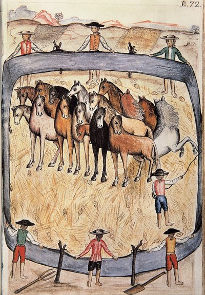 Dressur av ville hester, fra boken "Trujillo del Peru" eller "Codex Martinez Companion", av Baltazar Martinez Companion og Bujanda, biskop av Trujillo (1782-1785) av Unknown artist