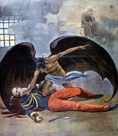 Dreyfus. Selvmordet til oberstløytnant Hubert Henry i sin celle etter at han ble funnet forfatteren av brevet som anklager Dreyfus. 1898. av Unknown artist