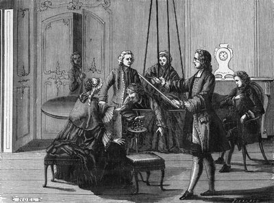 Dufay experience. Charles François Du Fay (Dufay?) (1698 - 1739), a French chemist and physicist showed that electric sparks can be drawn from the human body. Engraving from the Science Album. France 19th century. av Unknown artist