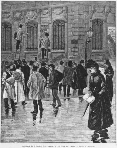 I valgperioden, i Paris; plakatklistremerker under valget 27. januar 1889, kulminerte med bakerikampanjen - Musee Carnavalet. av Unknown artist