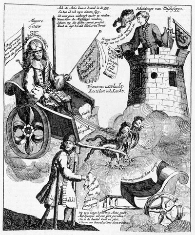 Nederlandsk satirisk trykk mot John Law (1671-1729), om Mississippi-saken av Unknown artist