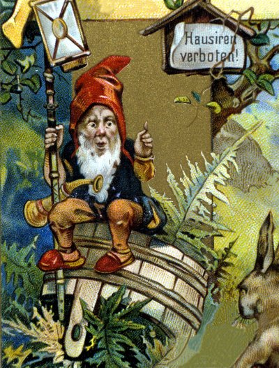 Dverg eller farfadet med lanterne. 1800-talls kromolitografi. av Unknown artist