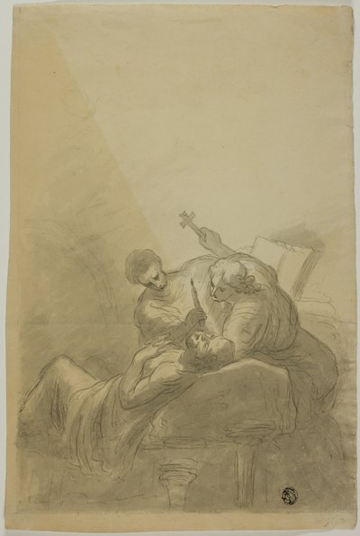 Døende mann fulgt av to figurer som holder stearinlys, bok og kors av Unknown artist