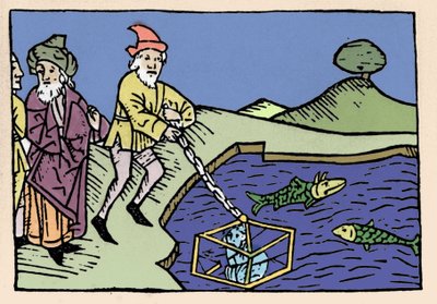 Keiser Alexander den store (356-323 f.Kr.) satte i sjøen i en tønne (klokke). Xylografi fra 1400-tallet. av Unknown artist