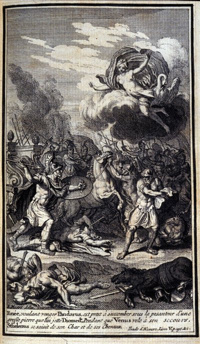Enee, som ønsker å hevne Pandaros, er klar til å bukke under under tyngdekraften til en stor stein som Diomede kaster. Mens Venus flyr til unnsetning, tok Sthelenos tak i vognen og hestene hans. Illustrasjon av bok V av Iliaden av Homere, fransk utgave av Unknown artist