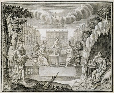 Gravering som representerer kvinner som arbeider på en vevstol. Tidlig på 1700-tallet. av Unknown artist