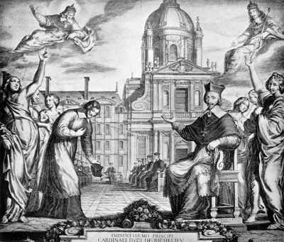 Gravering til ære for kardinal Richelieu for reetableringen av Sorbonne i Paris, bestilt til Lemercier, fullført i 1642. av Unknown artist