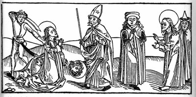 Episode av livet til Saint James the Major: helgenen blir halshugget under øynene til Herodes av Agrippa, kongen av Judee. Gravering fra «Leben der Heiligen - sommerteil» (Helgenboken) av Jacobus (James) fra Voragine (1228-1298). Lübeck 1488. av Unknown artist